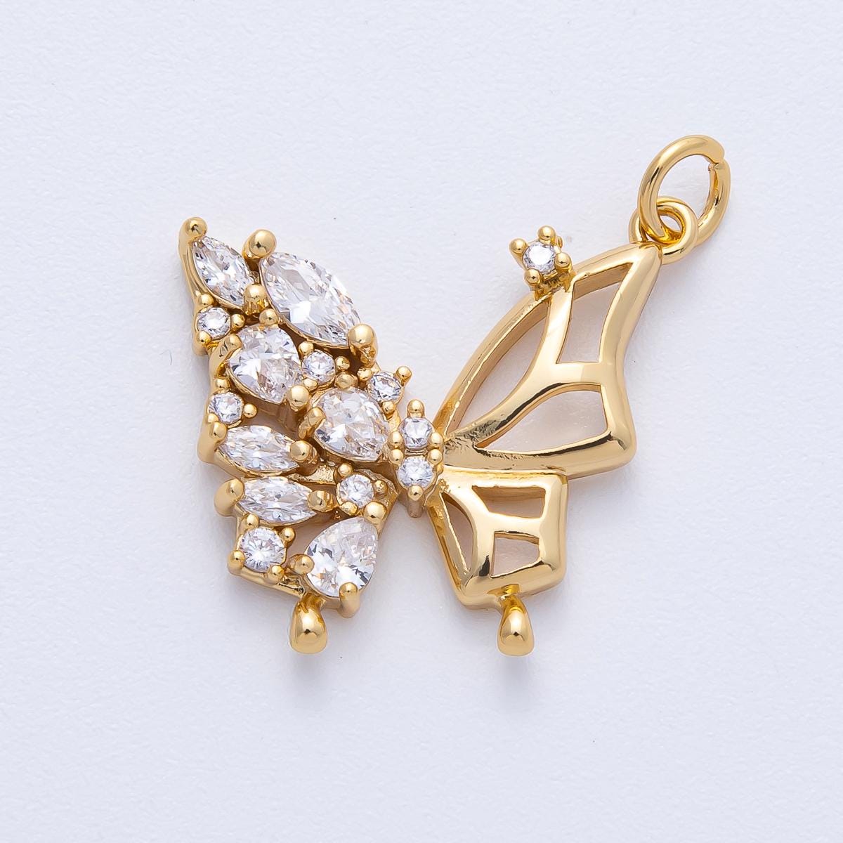 18k Gold Filled Butterfly Charm with CZ crystals one side wing elegant pendant DIY Jewelry Supply for Custom Necklace or Bracelet | AK-154