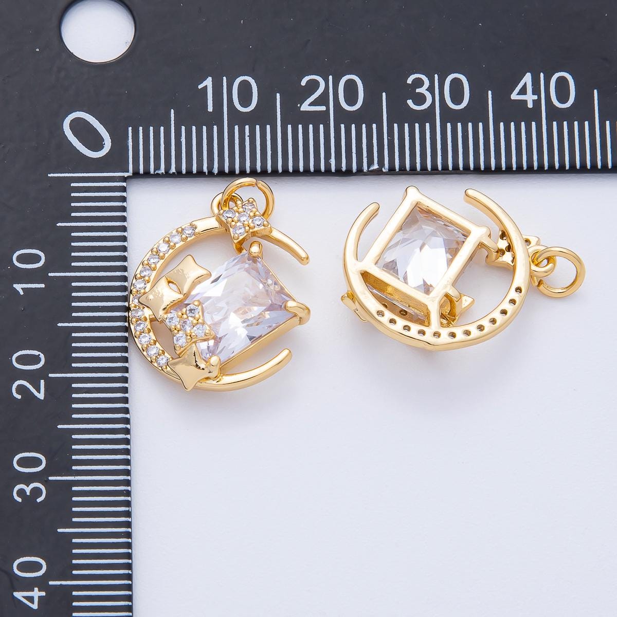 18K Gold Filled CZ Crescent Moon Charm WITH stars 20mm Dainty celestial Charm for Bracelet necklace Minimalist Jewelry supply | AK-155
