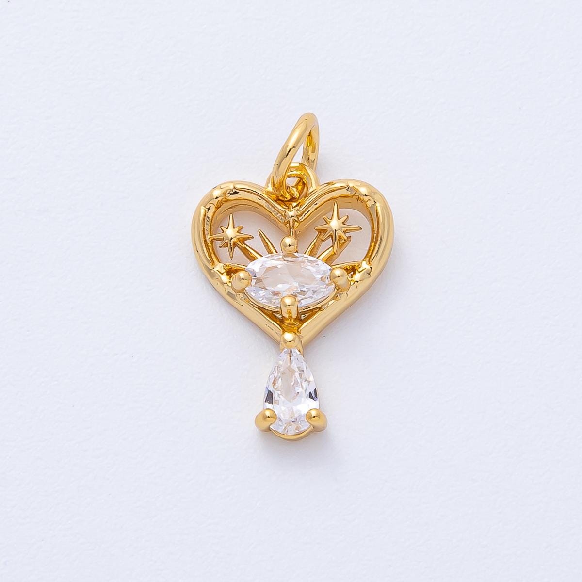 15.8mm Gold heart sunburst teardrop charm 18k Gold filled Celestial CZ Dangle Pendant DIY Jewelry Supply for custom Necklace | AK168