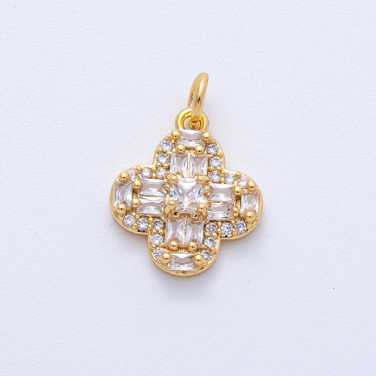 18k Gold Filled 15.8mm Clover Baguette Charm CZ Quatrefoil Pendant DIY Jewelry Making Supply for custom necklace bracelet | AK-171