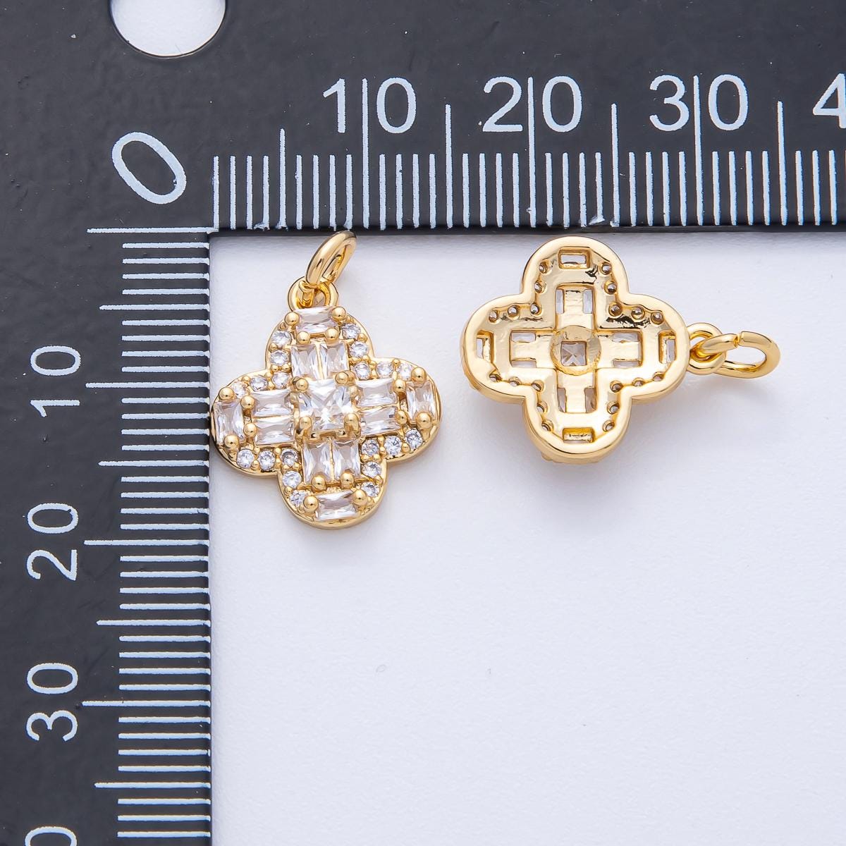 18k Gold Filled 15.8mm Clover Baguette Charm CZ Quatrefoil Pendant DIY Jewelry Making Supply for custom necklace bracelet | AK-171