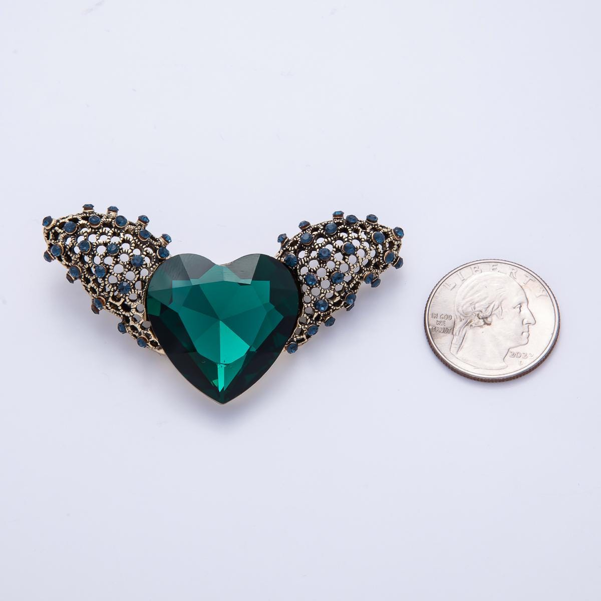64.9mm Vintage Turquoise Green Rhinestone Heart Wings Pin Love Angel Wings Brooch Jewelry for Coats Bags Scarves | BH-064
