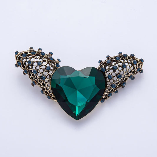 64.9mm Vintage Turquoise Green Rhinestone Heart Wings Pin Love Angel Wings Brooch Jewelry for Coats Bags Scarves | BH-064