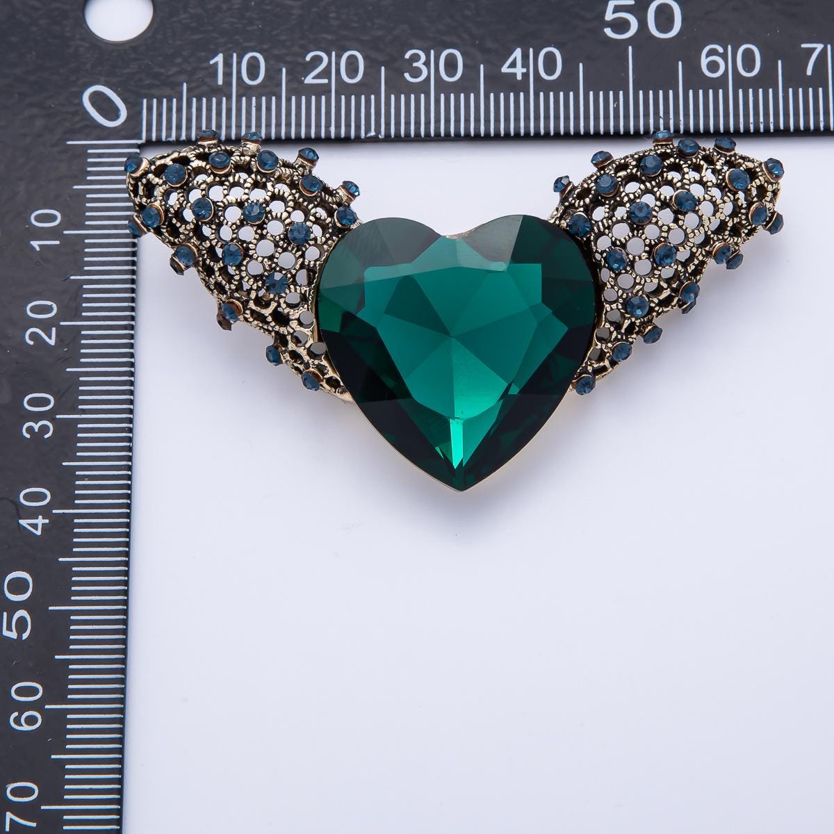 64.9mm Vintage Turquoise Green Rhinestone Heart Wings Pin Love Angel Wings Brooch Jewelry for Coats Bags Scarves | BH-064