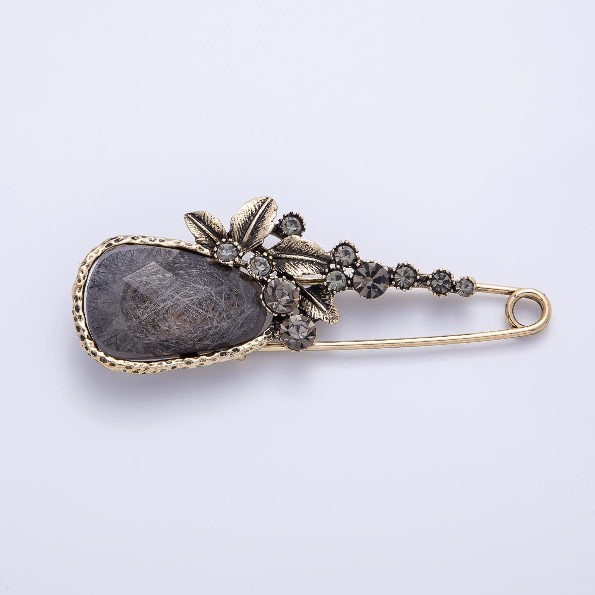 Vintage Gold 82mm Dark Rhinestone Flower Safety Pin Brooch Antique Style Hematite Gray Jewelry Gift for Her | BH-068