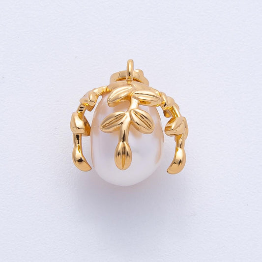 18K Gold Filled 14mm White Shell Pearl Leaf Nature Charm Botanical Necklace Pendant Elegant Gift for Her DIY Jewelry Supply | H-109
