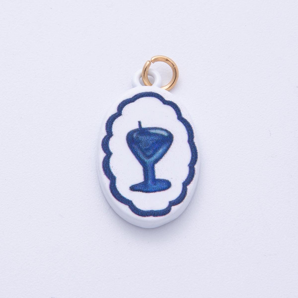 18K Gold Filled 23mm Blue-White Martini Alcohol Drink Glass Oval Charm Enamel Painted Cocktail Pendant DIY Jewelry Making Supply | AF-1590