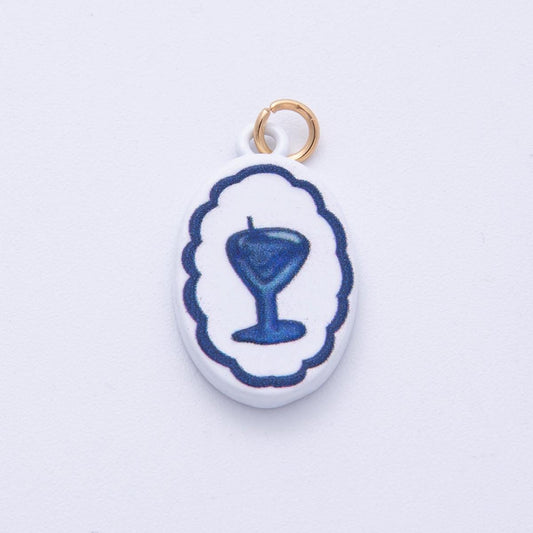 18K Gold Filled 23mm Blue-White Martini Alcohol Drink Glass Oval Charm Enamel Painted Cocktail Pendant DIY Jewelry Making Supply | AF-1590
