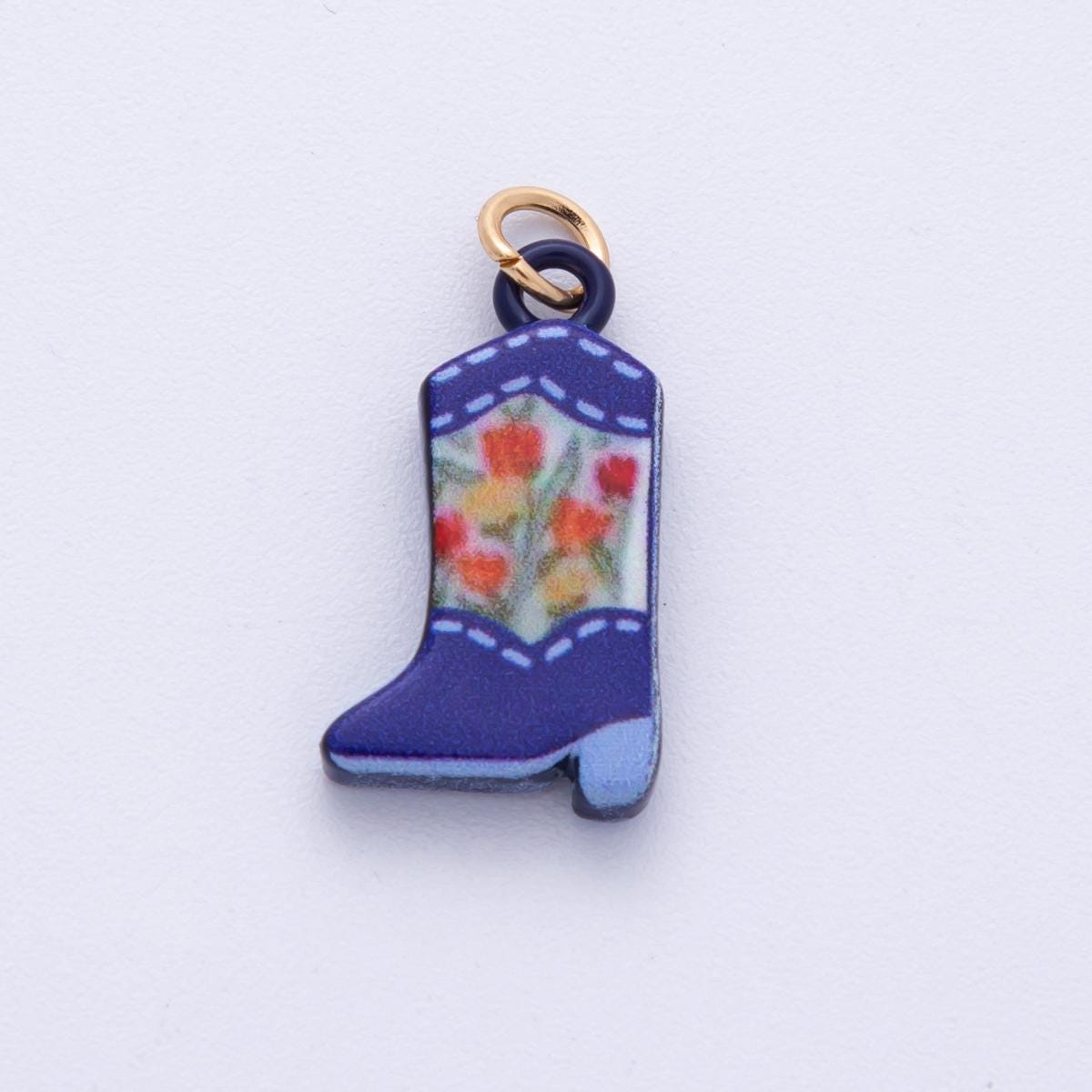 18K Gold Filled 21mm Blue, Green Flower Print Cowboy Shoes Charm Floral Western Enamel Pendant Country Western Gift for Necklace | AF1606