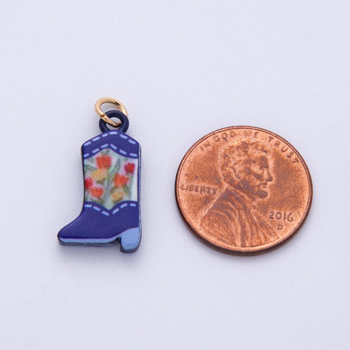 18K Gold Filled 21mm Blue, Green Flower Print Cowboy Shoes Charm Floral Western Enamel Pendant Country Western Gift for Necklace | AF1606