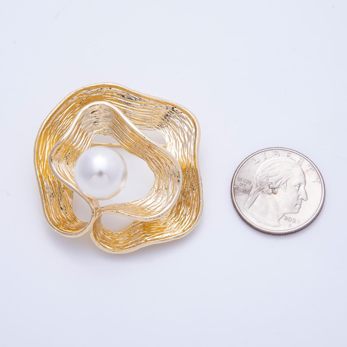 Gold 47mm White Pearl Geometric Foil Brooch Modern Abstract Wave Pin Statement Jewelry Gift for Her for Coats Bags and Scarves | BH-074