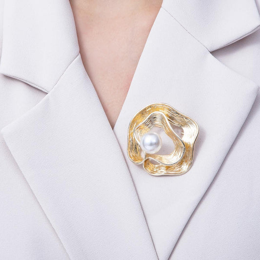 Gold 47mm White Pearl Geometric Foil Brooch Modern Abstract Wave Pin Statement Jewelry Gift for Her for Coats Bags and Scarves | BH-074