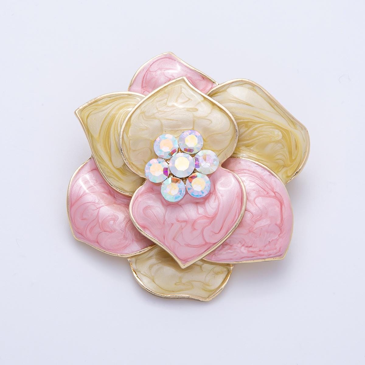 Gold 48.2mm Rhinestone Yellow Pink Glitter Enamel Flower Brooch for Coat Bags Scarves Elegant Jewelry Accessory Gift Idea for Her | BH071