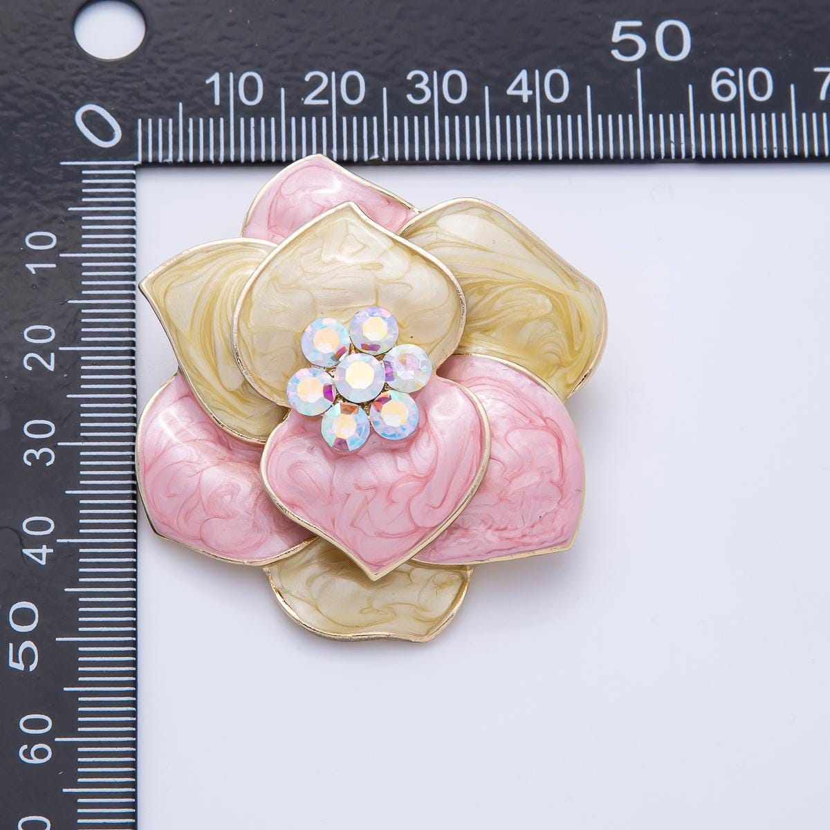 Gold 48.2mm Rhinestone Yellow Pink Glitter Enamel Flower Brooch for Coat Bags Scarves Elegant Jewelry Accessory Gift Idea for Her | BH071