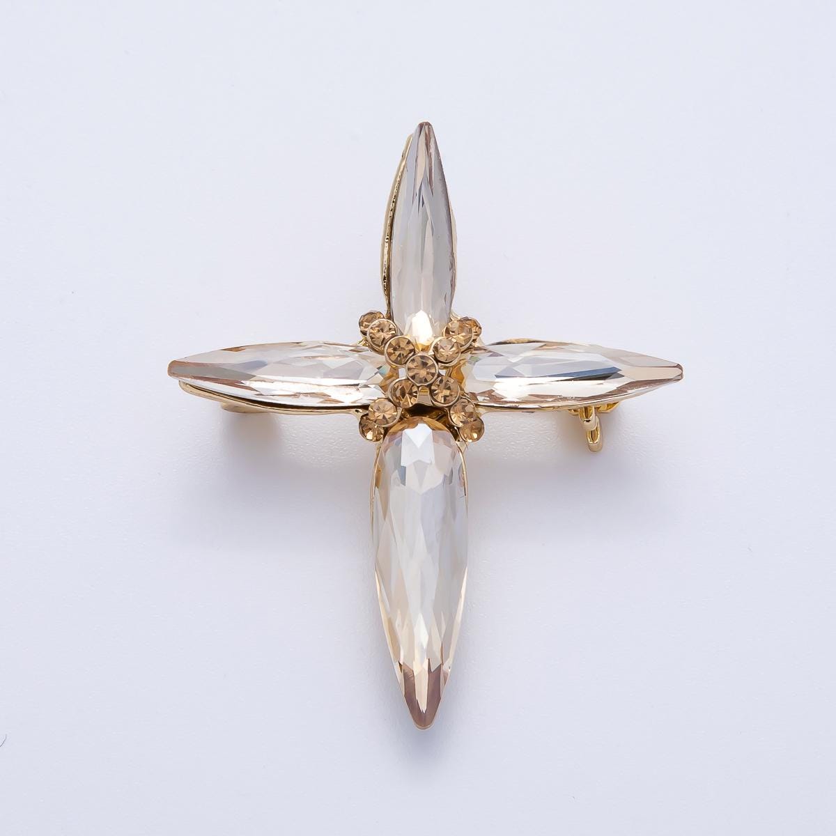 Gold 39mm Marquise Rhinestone Tied Cross Pin Brooch Statement Christian Gift Large Faith Accessory for Coats Bags and Scarves | BH-056