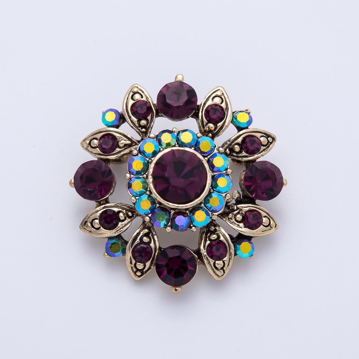 Vintage Gold 33.2mm Purple Rhinestone Geometric Pin Brooch Amethyst Aurora Statement Jewelry Gift for Her | BH-077