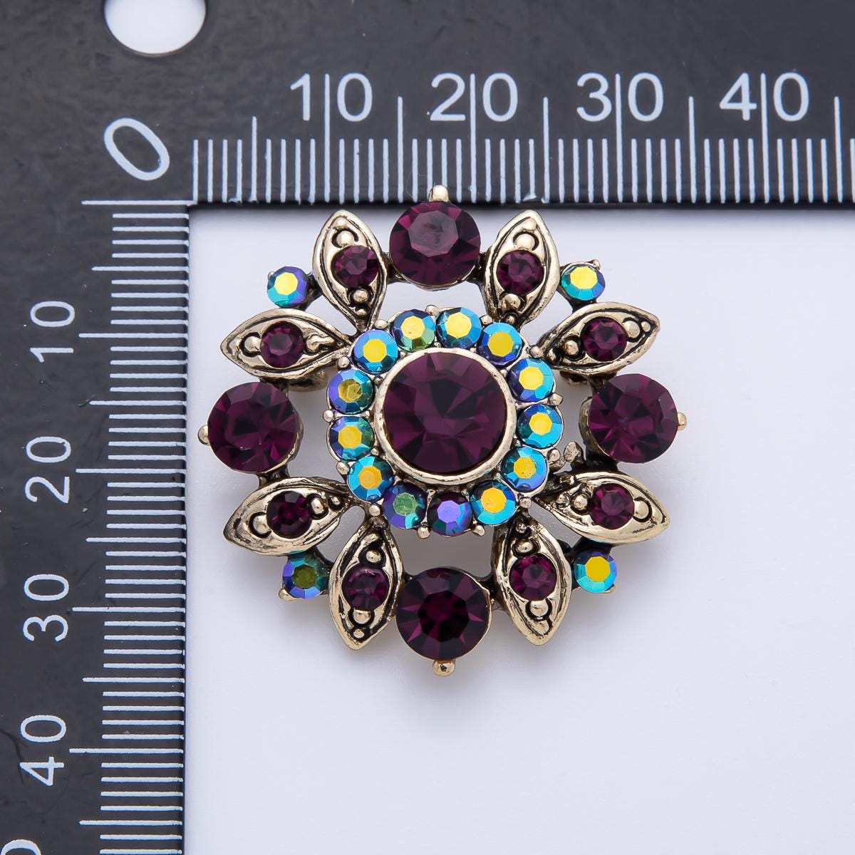 Vintage Gold 33.2mm Purple Rhinestone Geometric Pin Brooch Amethyst Aurora Statement Jewelry Gift for Her | BH-077
