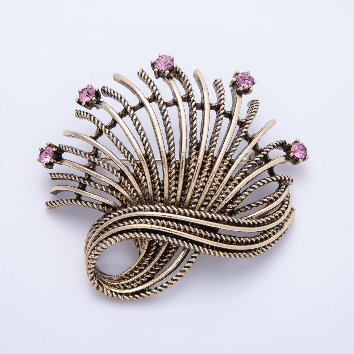 Vintage Silver 68mm Pink Rhinestone Curved Geometric Pin Brooch Mid Century Harvest Pin Accessory for Coats Bags and Scarves | BH-079
