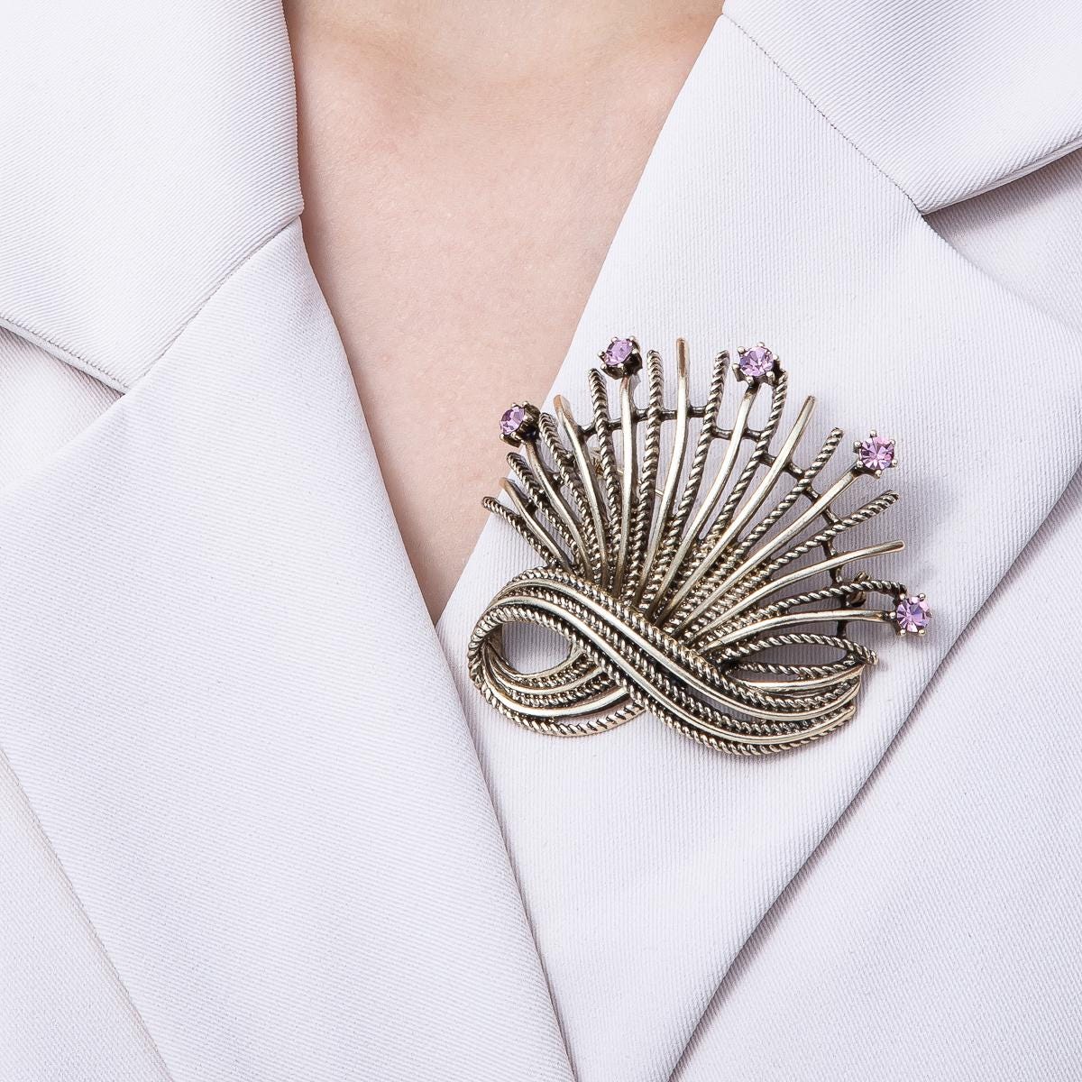 Vintage Silver 68mm Pink Rhinestone Curved Geometric Pin Brooch Mid Century Harvest Pin Accessory for Coats Bags and Scarves | BH-079