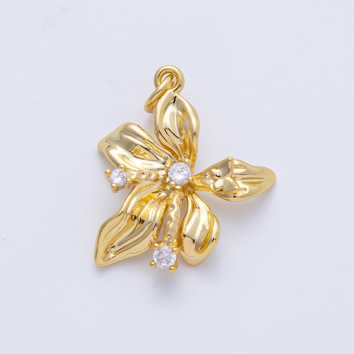 18K Gold Filled 24mm Clear CZ Molten Flower Charm Elegant Abstract Orchid Pendant DIY Jewelry Supply for Custom Necklace | AK151