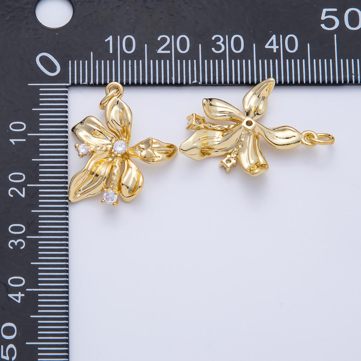 18K Gold Filled 24mm Clear CZ Molten Flower Charm Elegant Abstract Orchid Pendant DIY Jewelry Supply for Custom Necklace | AK151