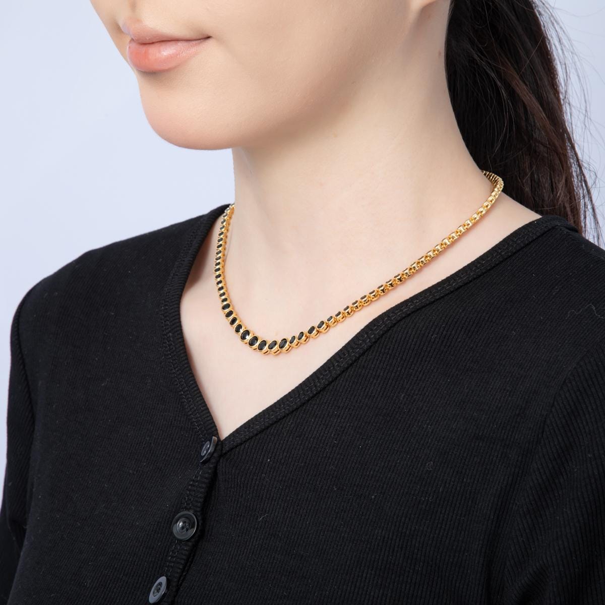 24K Gold Filled Black CZ Graduated Tennis Necklace 16 inch | WA-4508