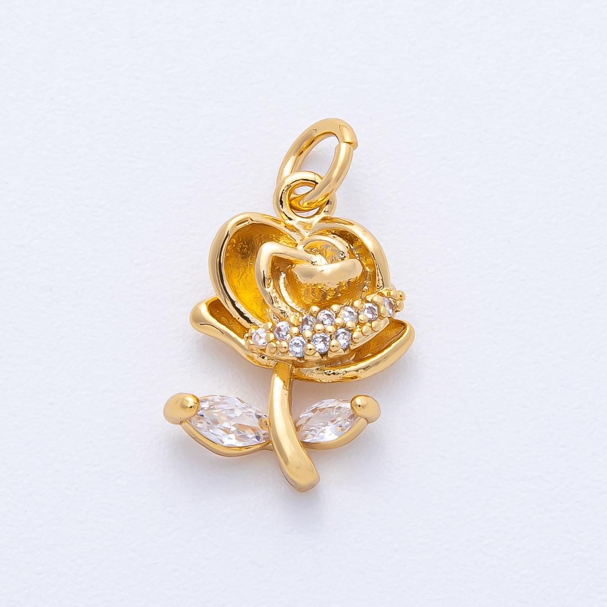 18K Gold Filled 14.5mm Marquise Micro Paved CZ Rose Flower Charm Dainty Botanical Jewelry Supply Romantic Gift for Her Supply | AK188