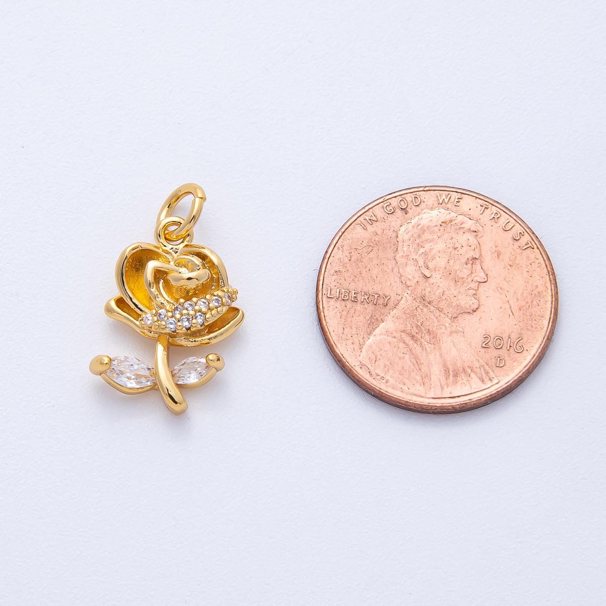 18K Gold Filled 14.5mm Marquise Micro Paved CZ Rose Flower Charm Dainty Botanical Jewelry Supply Romantic Gift for Her Supply | AK188