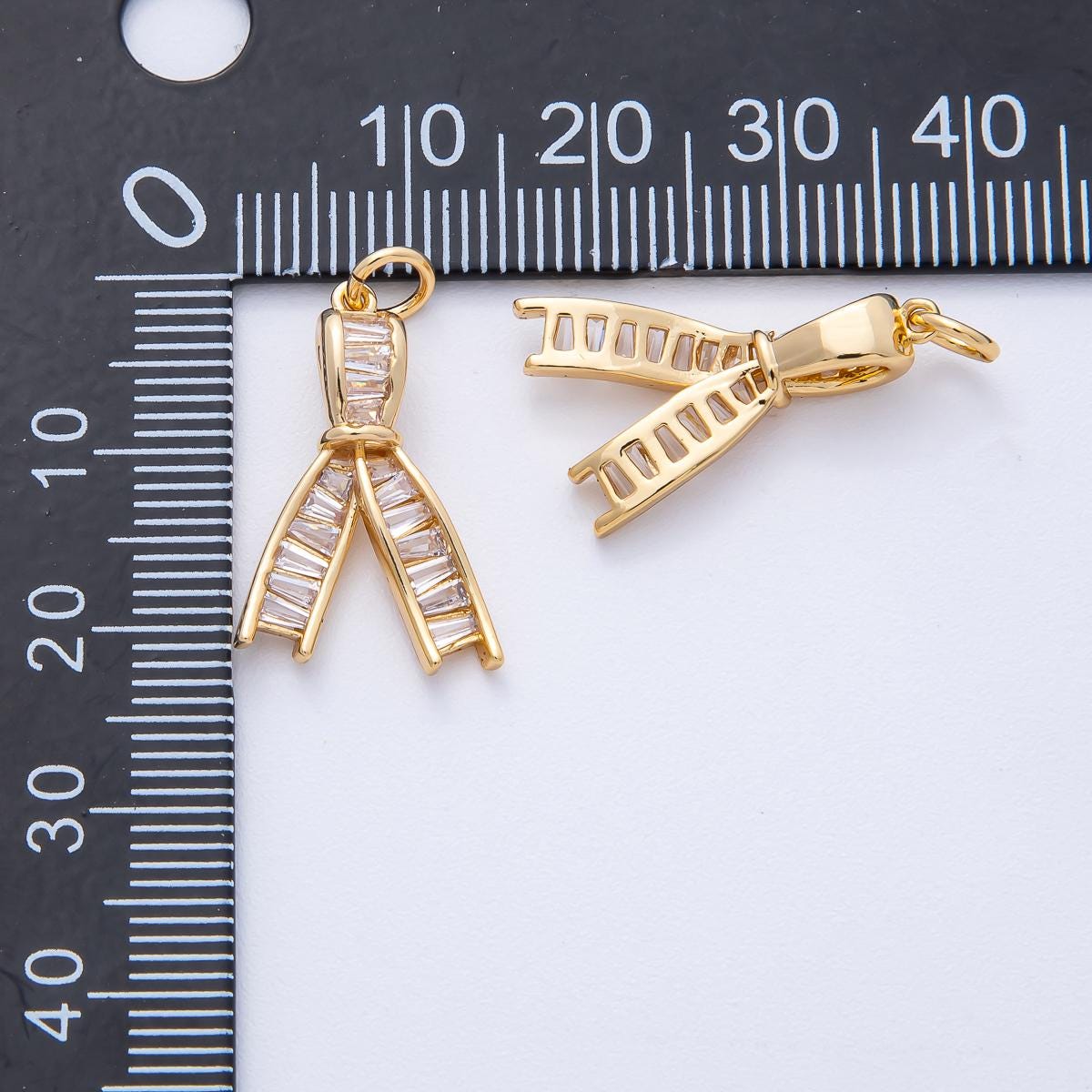 18K Gold Filled 21mm Clear Baguette CZ Ribbon Knot Charm Dainty Bow Pendant for Bracelet Necklace Earring Jewelry Making Supply | AK189