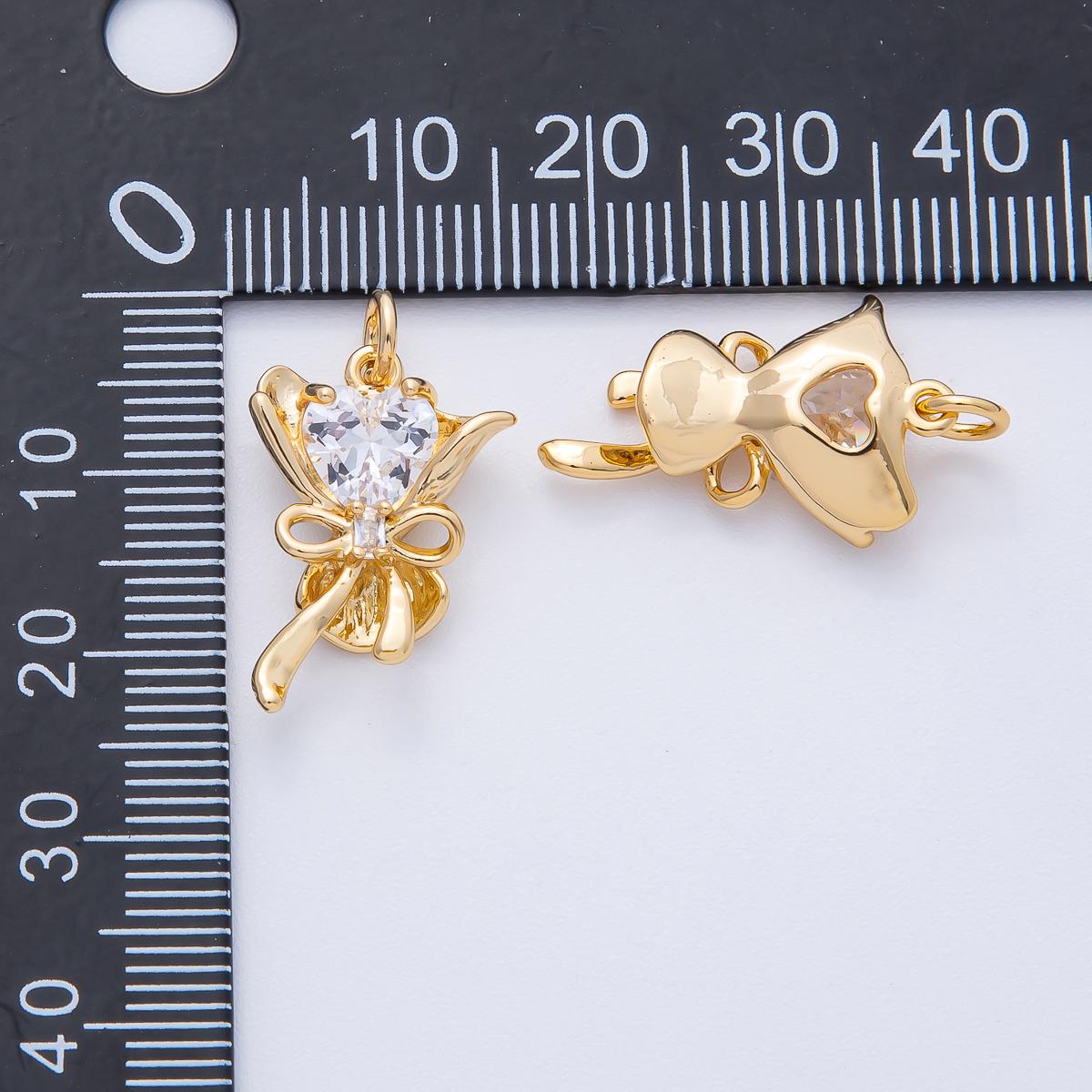 18K Gold Filled 22mm Clear Heart CZ Ribbon Flower Bouquet 3D Multidimensional Mini Charm Dainty Crystal Gift for Her | AK196