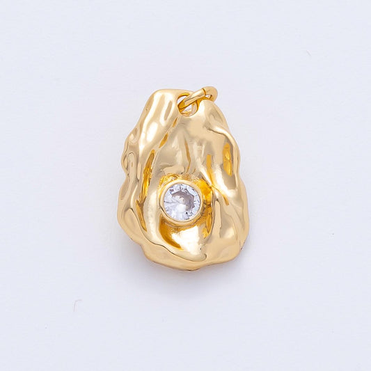 18K Gold Filled 18mm Clear Round CZ Hammered Molten Geometric Charm Unique Textured Jewelry Supply Necklace Gift for her | AK197