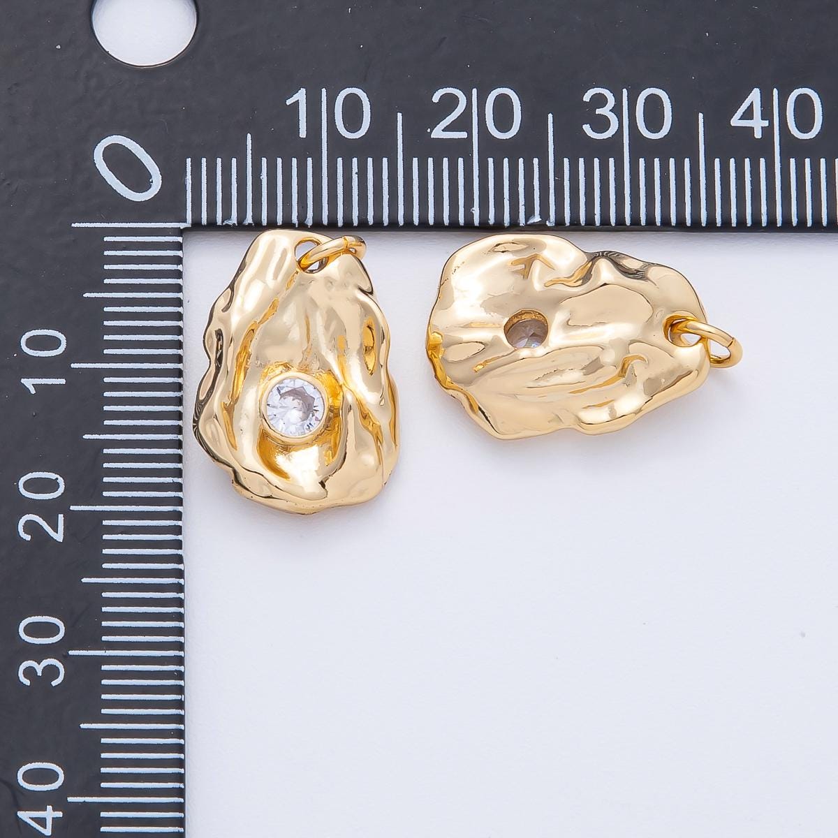 18K Gold Filled 18mm Clear Round CZ Hammered Molten Geometric Charm Unique Textured Jewelry Supply Necklace Gift for her | AK197