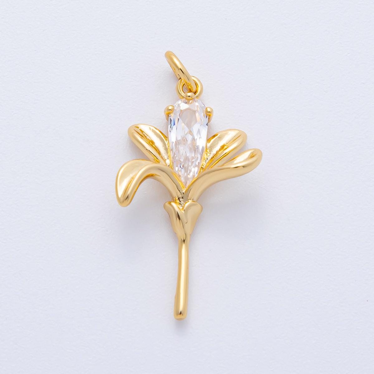 18K Gold Filled 26mm Clear Teardrop CZ Lily Flower Charm Elegant floral jewelry supply DIY for custom necklace or bracelet | AK198