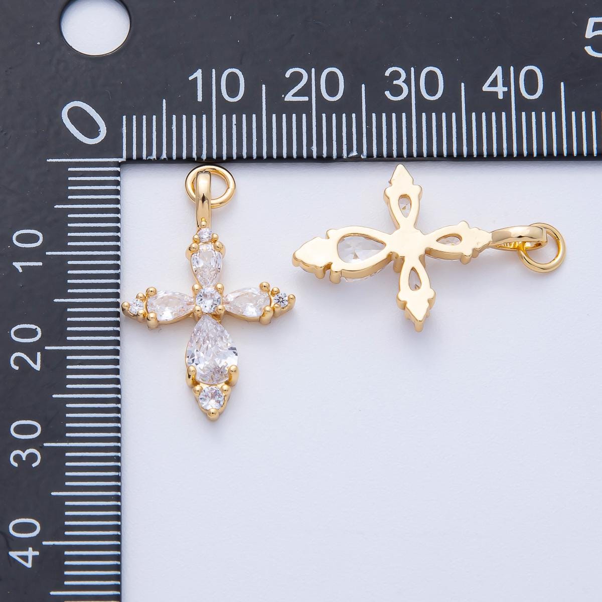 18K Gold Filled 26mm Clear CZ Teardrop Religious Passion Cross Charm Christian Faith Gift Dainty DIY Jewelry Supply for necklace | AK199