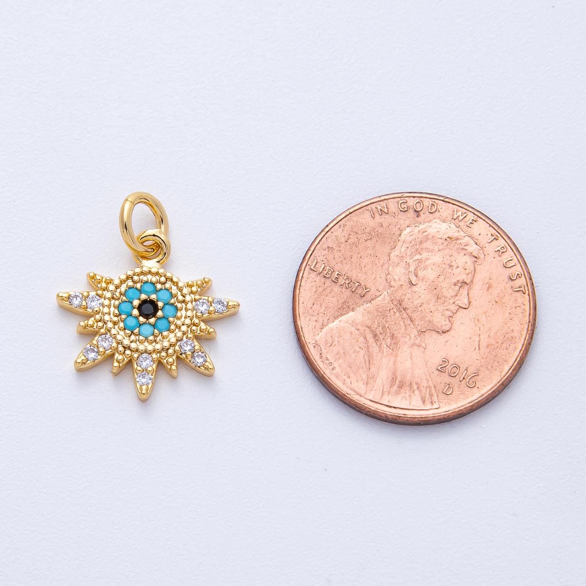 18K Gold Filled 14mm Micro Paved CZ Turquoise Evil Eye Celestial Sun Ray Burst Charm Protection DIY Jewelry Supply for Necklace | AK200