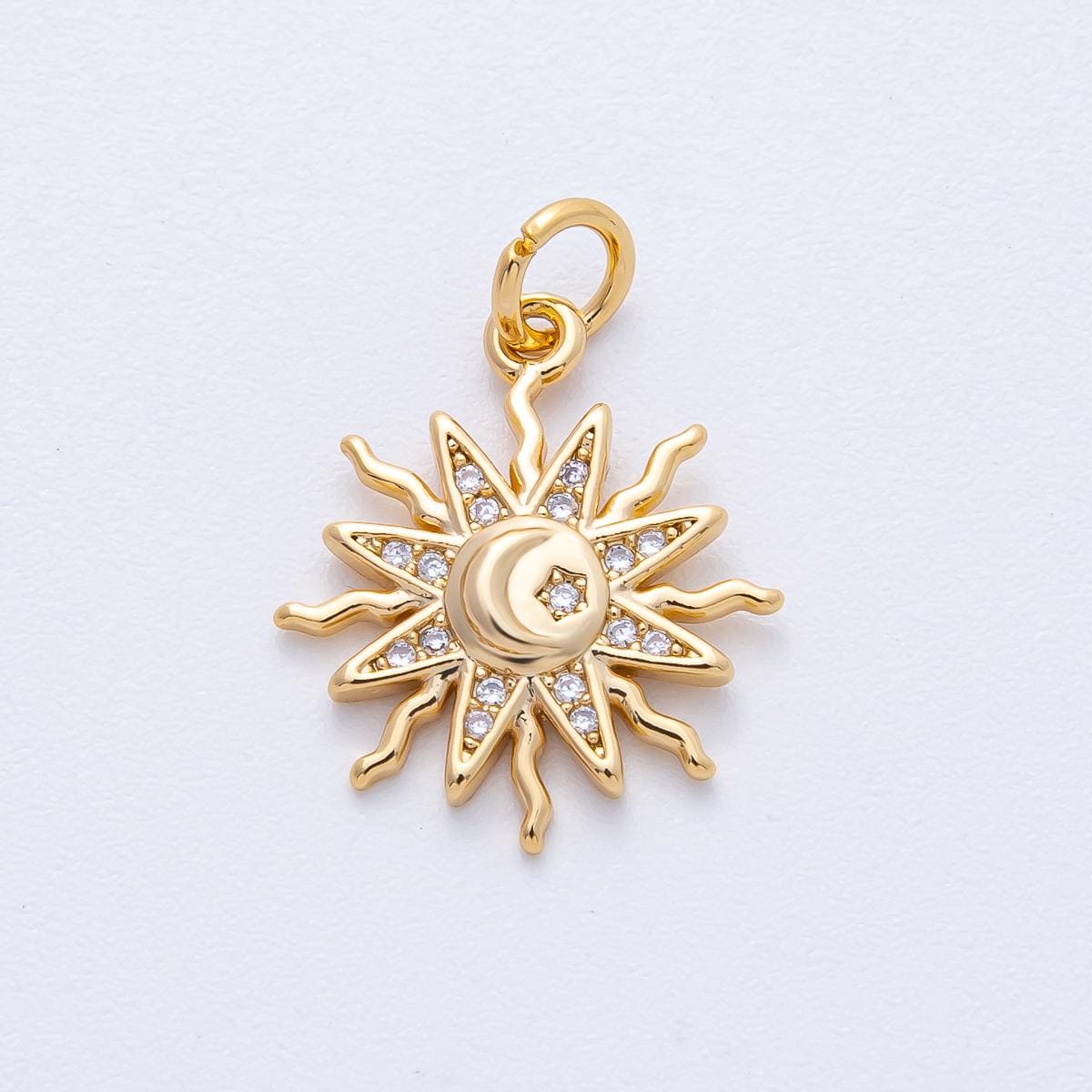 18K Gold Filled 18mm Clear Micro Paved CZ Celestial Crescent Moon Star Sun Ray Charm Mystical Jewelry Supply for custom necklace | AK164