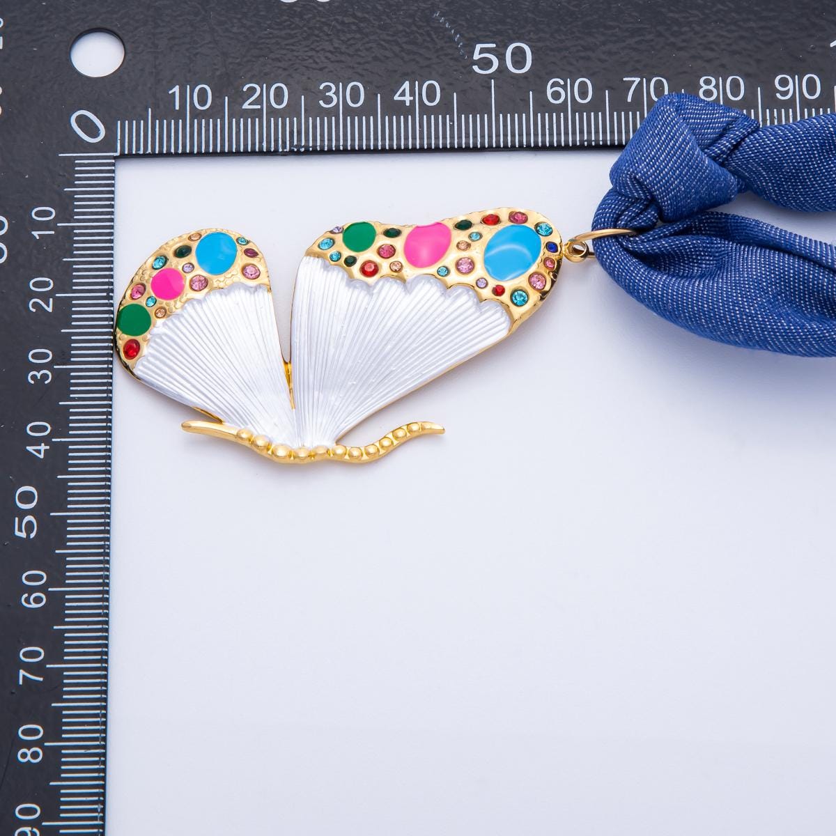 Stainless Steel Colorful White Butterfly Wings CZ Blue Denim Scarf Handmade Necklace Statement Necklace Trendy 2026 | WA-3980