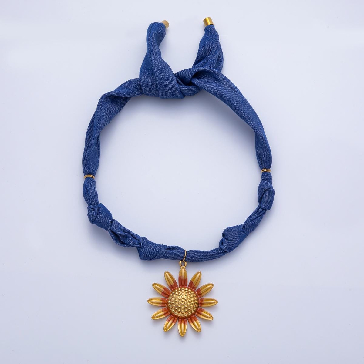 Stainless Steel Textured Yellow Orange Sunflower Blue Denim Scarf Handmade Necklace Statement Necklace Trendy 2026 | WA-3981