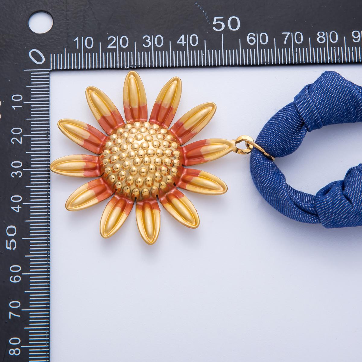 Stainless Steel Textured Yellow Orange Sunflower Blue Denim Scarf Handmade Necklace Statement Necklace Trendy 2026 | WA-3981