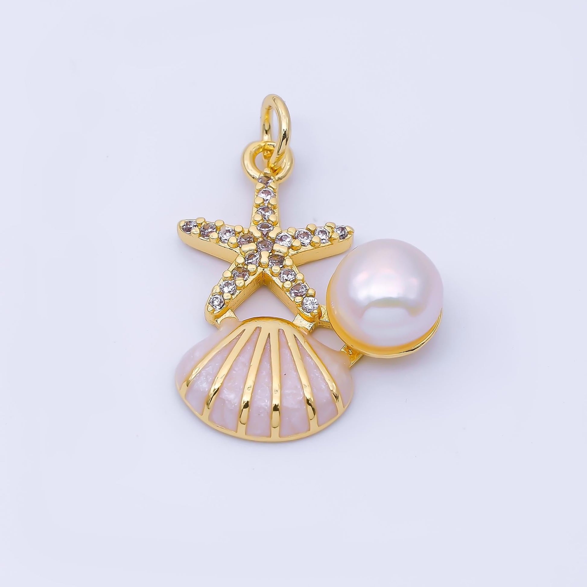 Dainty 24k Gold Filled Starfish & Pearl Enamel Seashell Charm 22.8mm Ocean Beach Jewelry Making Supply Summer Vacation Accessory | AF1588