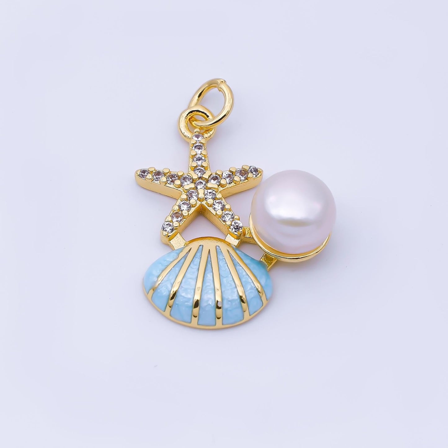 Dainty 24k Gold Filled Starfish & Pearl Enamel Seashell Charm 22.8mm Ocean Beach Jewelry Making Supply Summer Vacation Accessory | AF1588