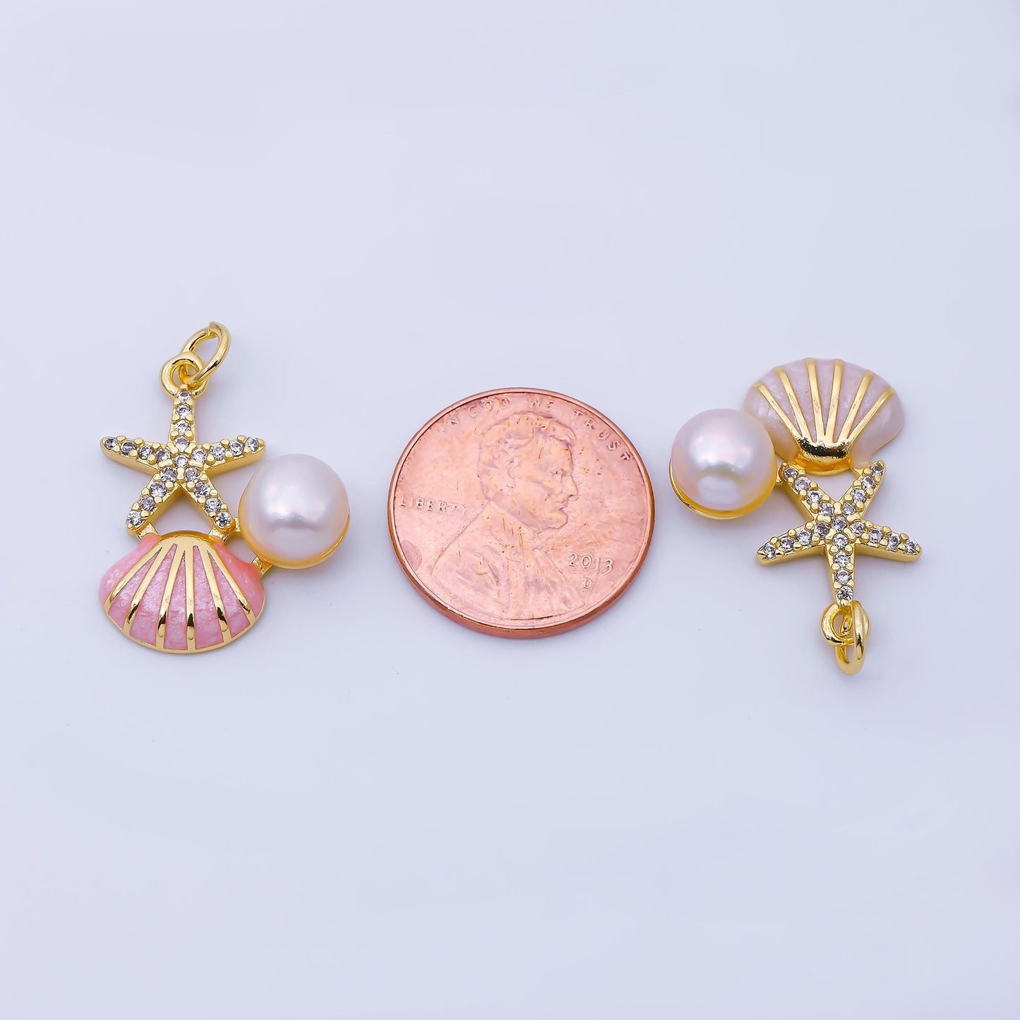 Dainty 24k Gold Filled Starfish & Pearl Enamel Seashell Charm 22.8mm Ocean Beach Jewelry Making Supply Summer Vacation Accessory | AF1588