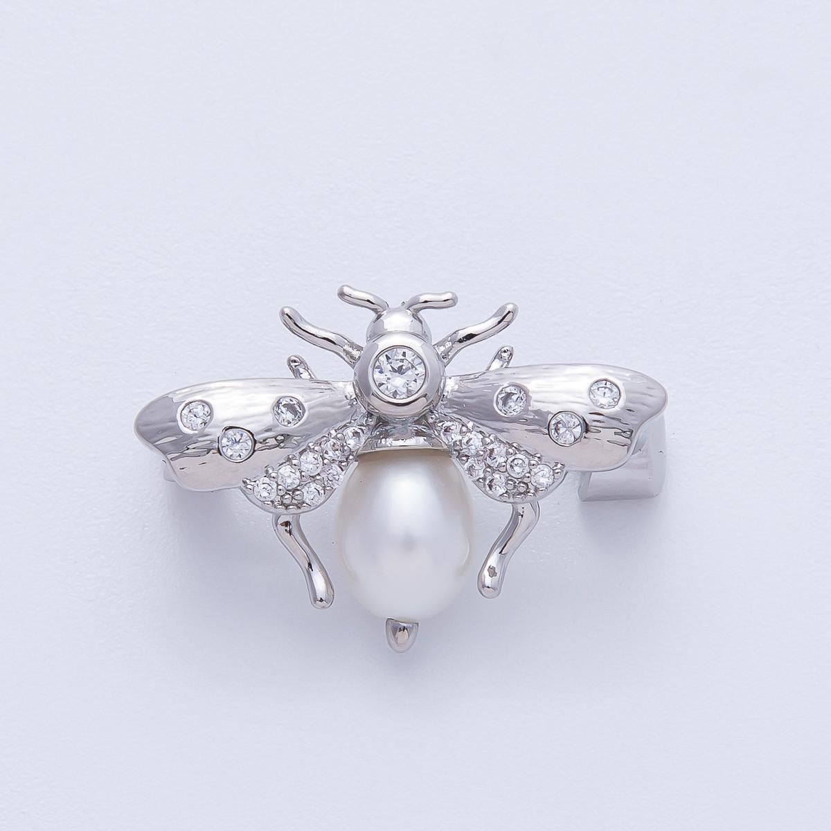 17.1mm Elegant Silver Bee Brooch Pin with Pearl and CZ crystals Dainty Insect Jewelry Vintage Style Accessory Gift For Her | BH011