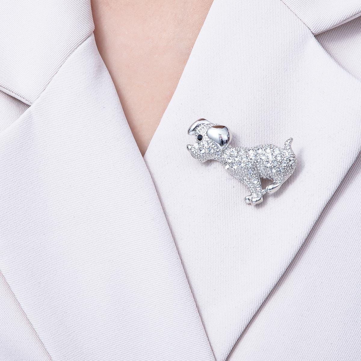 41mm Silver Dog Brooch Clear Rhinestone Diamond Crystals Statement Piece for Coats Bags Scarves Jewelry Accessory | BH-013