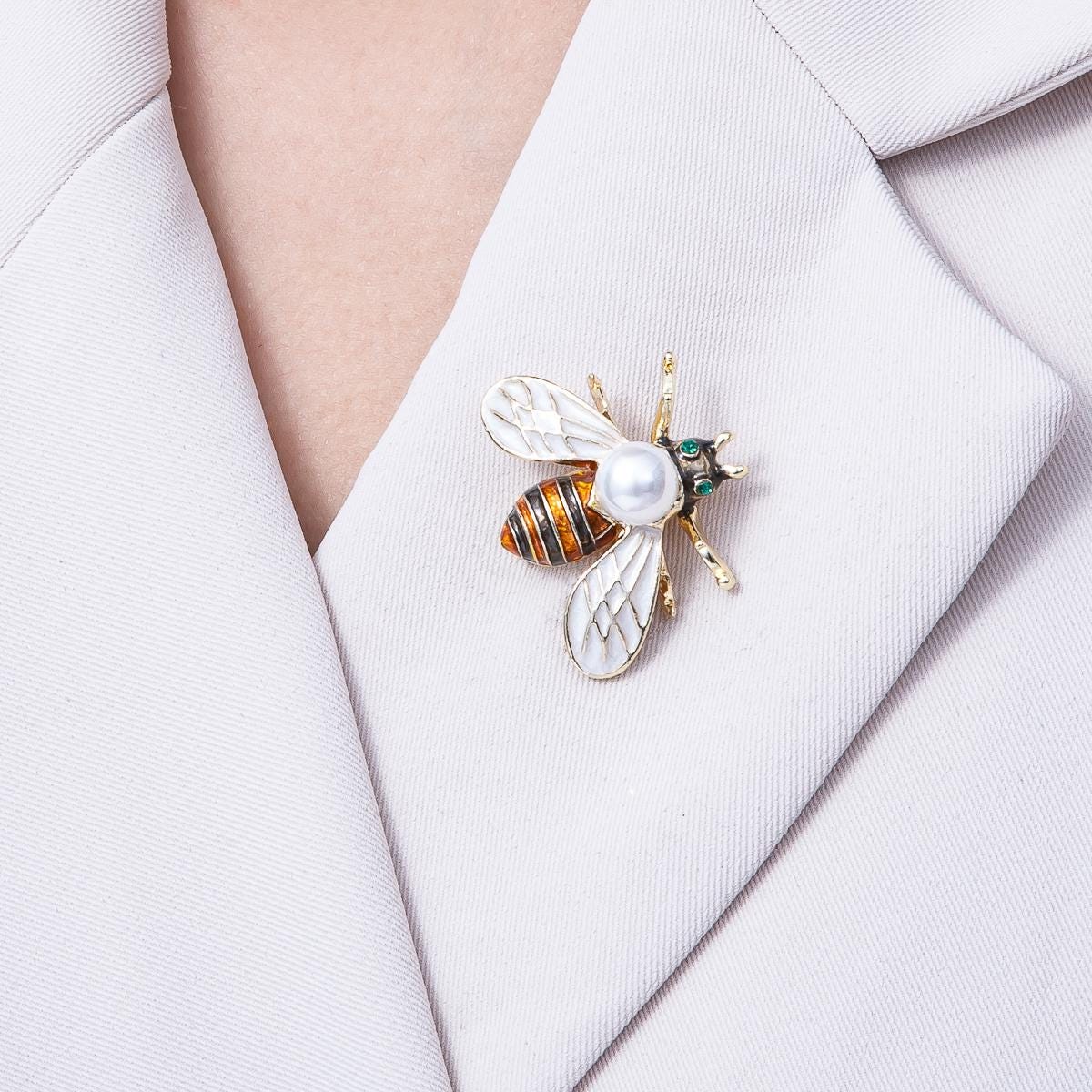 18K Gold Filled Bee Brooch with Pearl & Painted Enamel 34mm Insect Jewelry Unique Lapel Pin Accessory Gift for Her Vintage Style | BH018