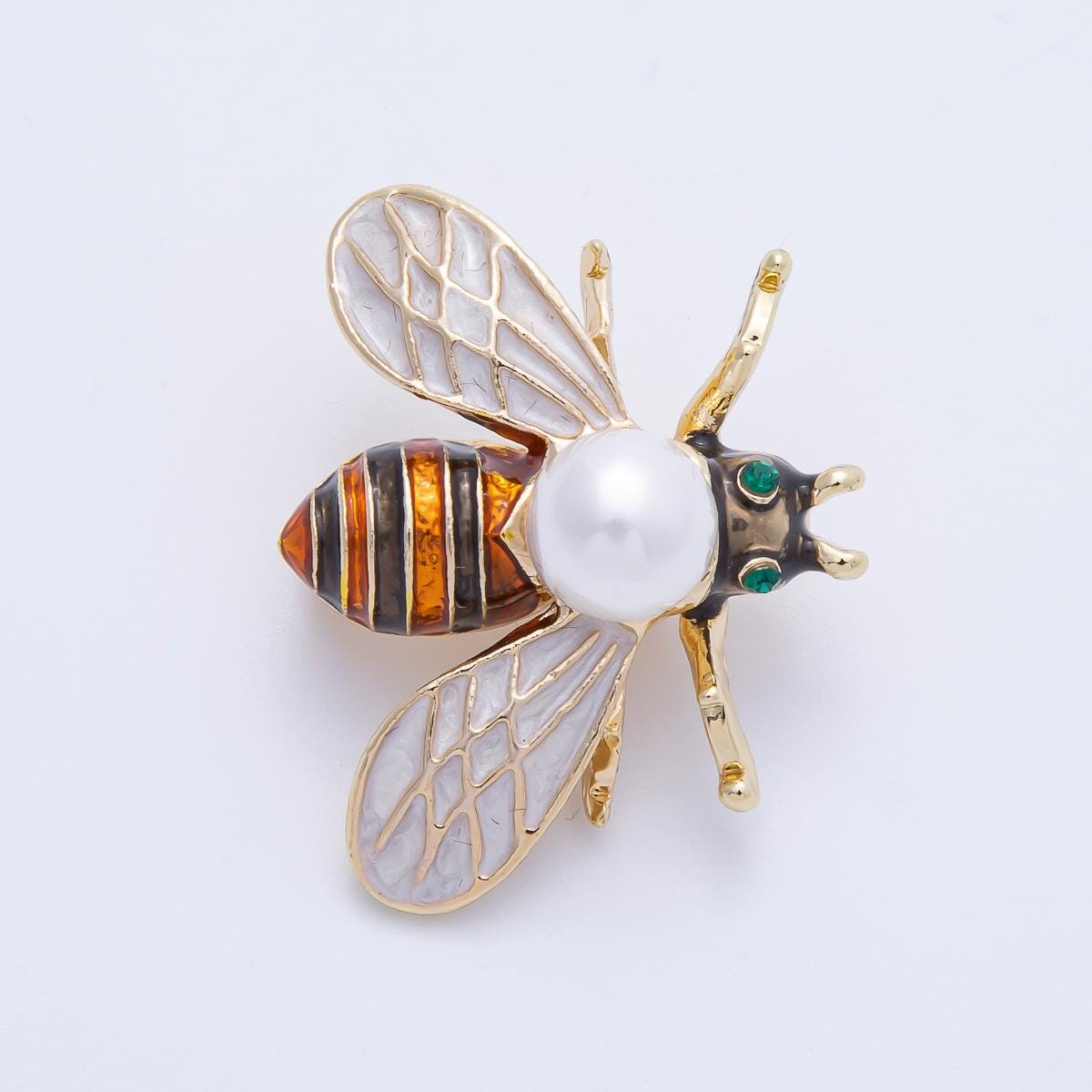 18K Gold Filled Bee Brooch with Pearl & Painted Enamel 34mm Insect Jewelry Unique Lapel Pin Accessory Gift for Her Vintage Style | BH018