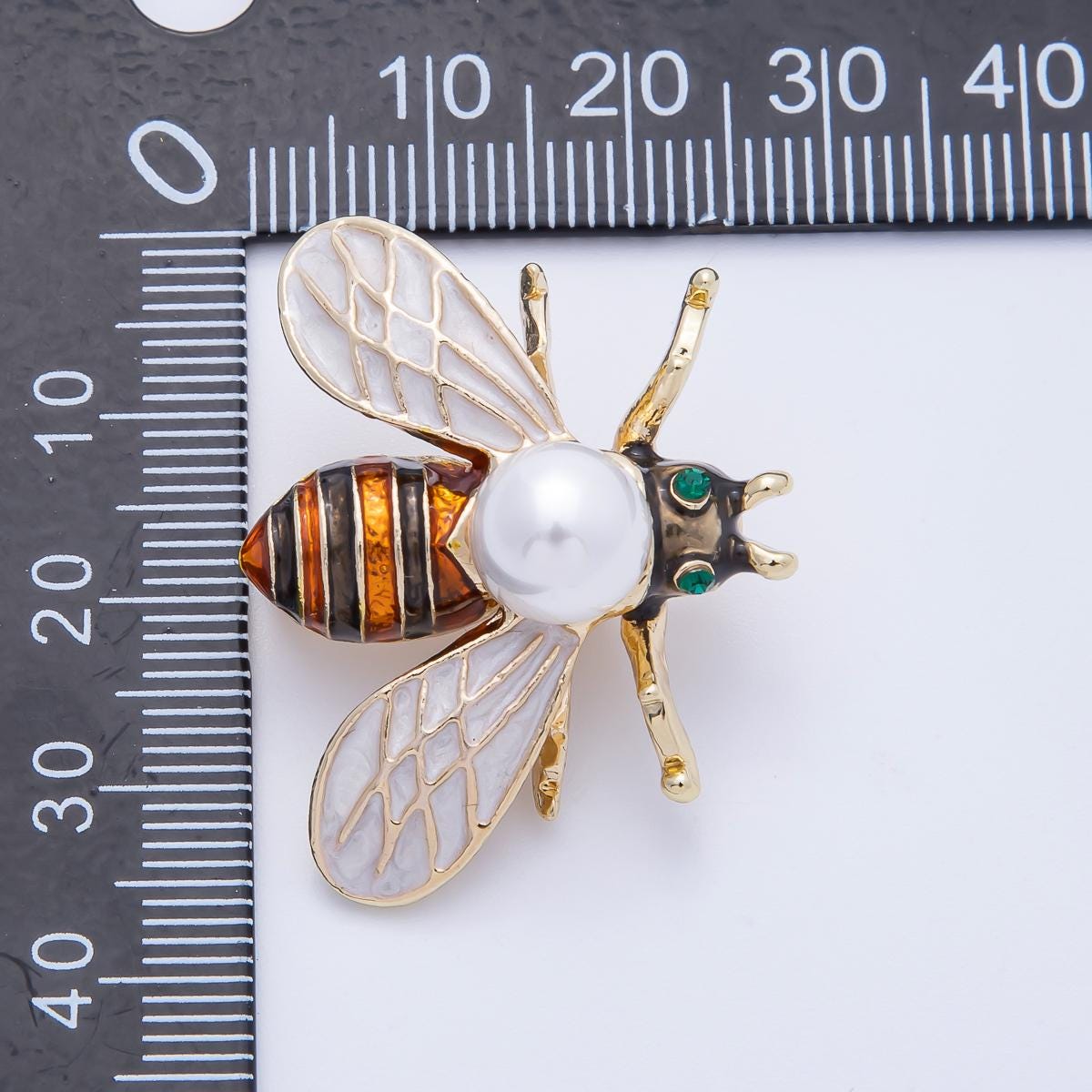 18K Gold Filled Bee Brooch with Pearl & Painted Enamel 34mm Insect Jewelry Unique Lapel Pin Accessory Gift for Her Vintage Style | BH018