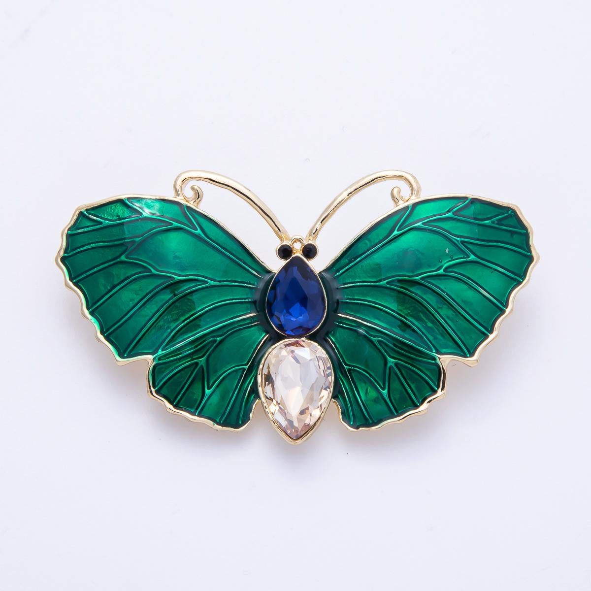 49.3mm Green Butterfly Brooch Blue and Clear Rhinestone Insect Pin Unique Accessory Gift for Her Vintage Style | BH-019