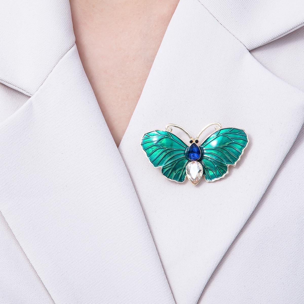 49.3mm Green Butterfly Brooch Blue and Clear Rhinestone Insect Pin Unique Accessory Gift for Her Vintage Style | BH-019