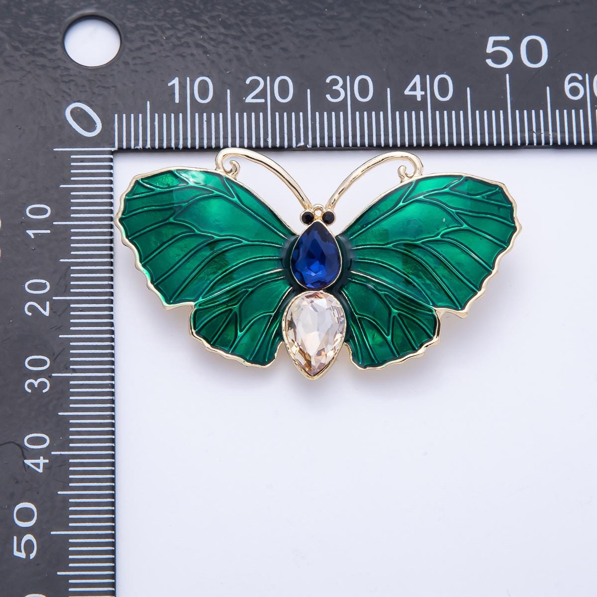 49.3mm Green Butterfly Brooch Blue and Clear Rhinestone Insect Pin Unique Accessory Gift for Her Vintage Style | BH-019